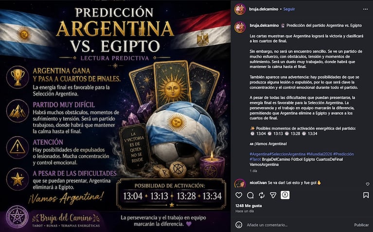 La tarotista que predijo el triunfo anteEgipto reveló hasta dónde llega Argentina. Crédito: Instagram/@bruja.delcamino