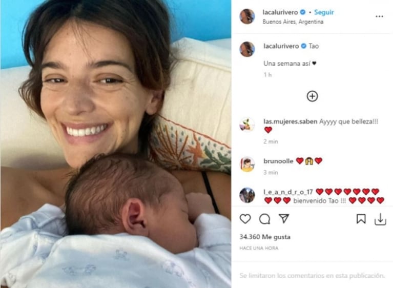 La tierna foto de Calu Rivero con su bebé, Tao, a una semana de su nacimiento