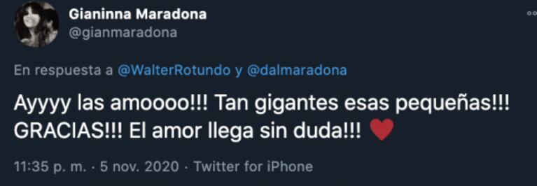 La tierna reacción de Gianinna Maradona ante el fan de Diego que llamó a sus hijas "Mara" y "Dona": ¡Ay, las amo!"