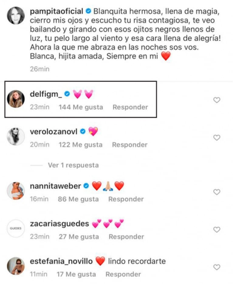La tierna reacción de la hija de Roberto García Moritán al emotivo posteo de Pampita sobre Blanca 
