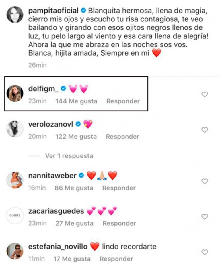 La tierna reacción de la hija de Roberto García Moritán al emotivo posteo de Pampita sobre Blanca 