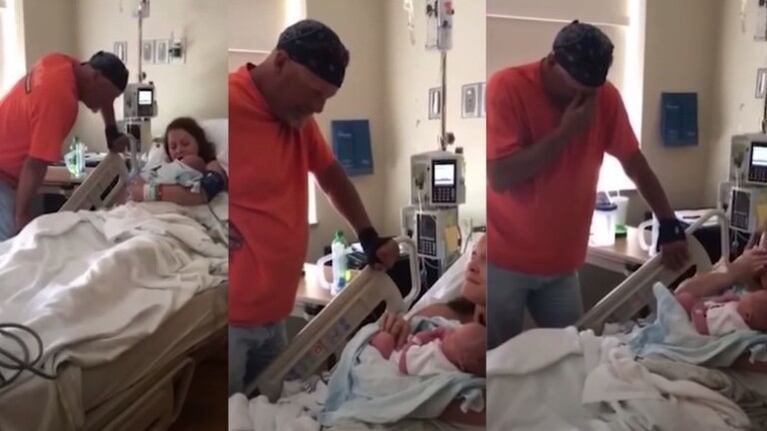 La tierna reacción de un abuelo al recibir a su tercera supuesta nieta, que es en realidad el primer nieto de la familia