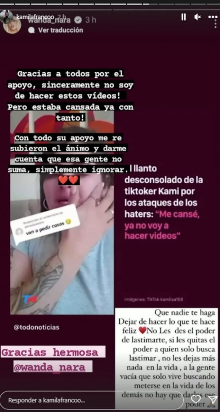 La tiktoker Kami les agradeció a Wanda Nara, Jimena Barón y María Becerra por su apoyo