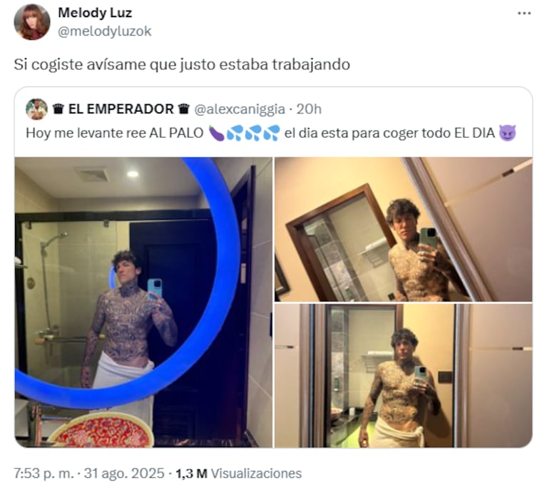 La tremenda advertencia de Melody Luz a un osado posteo de Alex Caniggia: “Si cog..., avisame” | Crédtios X Alex Caniggia