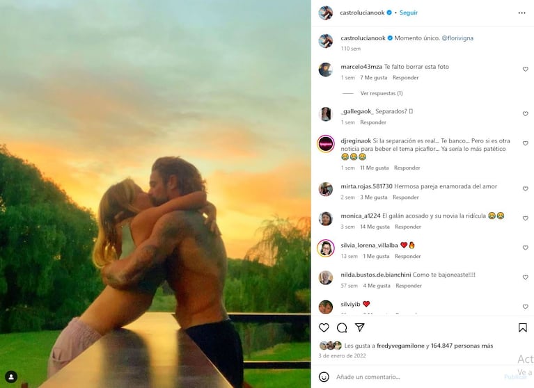 La única foto que Luciano Castro dejó en su Instagram con Flor Vigna: “Te faltó borrar esta”