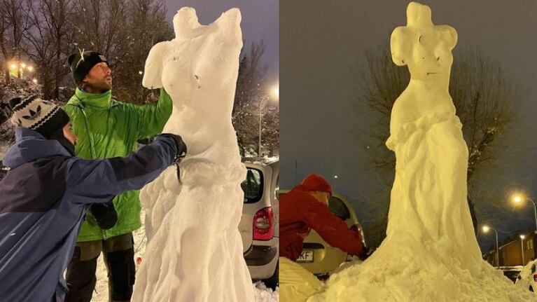 La Venus de Milo de Madrid: una escultura tallada por un osteópata y un bombero con nieve 