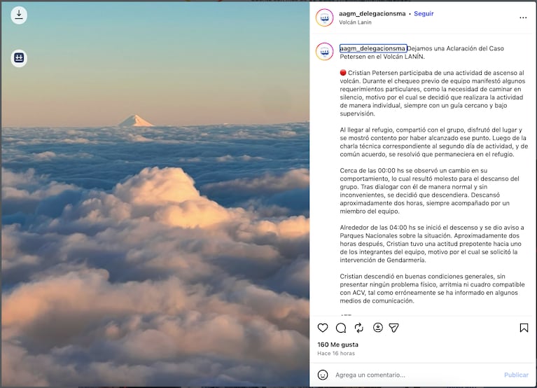 La versión de los guías sobre Christian Petersen tras el episodio en el Volcán Lanín. Crédito: Instagram
