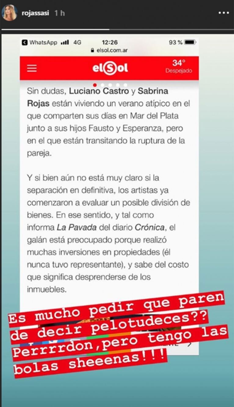 La versión sobre su divorcio de Luciano Castro que enfureció a Sabrina Rojas: "¿Es mucho pedir que…?"