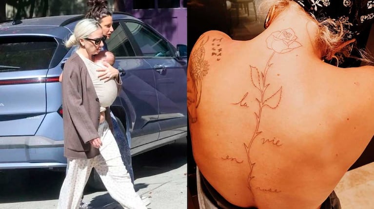 Lady Gaga con su hija Rose y el tatuaje que habría inspirdo el nombre de la beba (Foto: X.com)