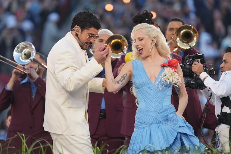 Lady Gaga performs with Bad Bunny during the Super Bowl LX halftime show at Levi's Stadium in Santa Clara, Calif., on Sunday, Feb. 8, 2026. (Doug Mills/The New York Times)