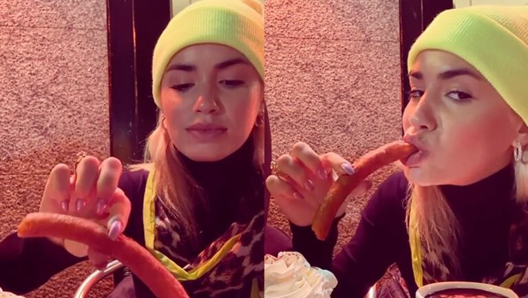 Lali comió churros en la chocolatería Valor.