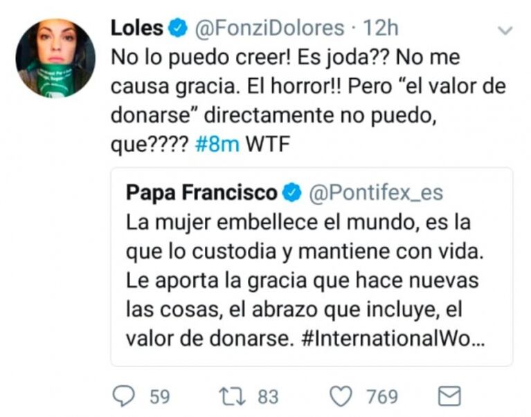 Lali, Dolores Fonzi, Jimena Barón y Griselda Siciliani, duras con el papa Francisco por su mensaje por el Día de la Mujer