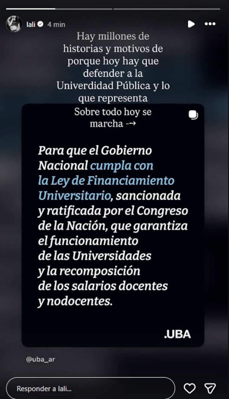 Lali Espósito apoyó la Marcha Universitaria y lanzó un contundente mensaje (Instagram)