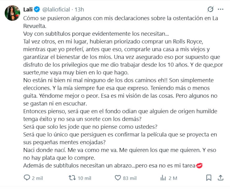Lali Espósito respondió tras la polémica que generaron sus dichos en La Revuelta.