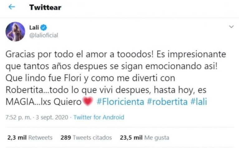 Lali, impactada tras la reaparición en TV de Robertita, su personaje en Floricienta: "Todo lo que viví después es magia"
