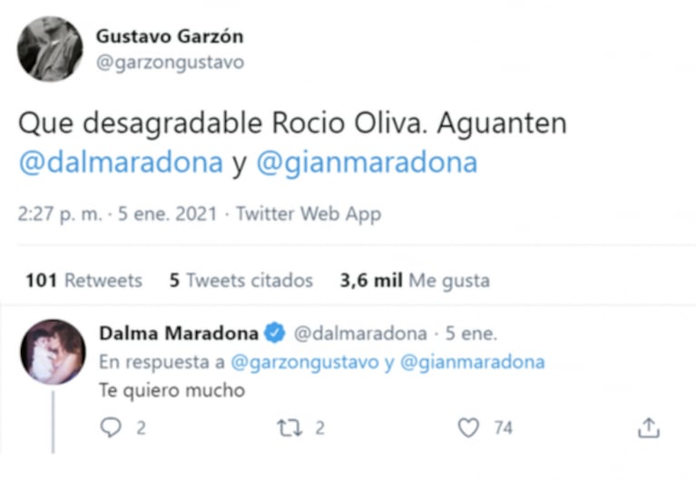 Lapidario comentario de Gustavo Garzón contra Rocío Oliva: "Qué desagradable; aguanten Dalma y Gianinna"