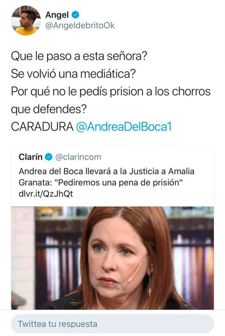 Lapidario tweet de Ángel de Brito contra Andrea del Boca: "¿Se volvió una mediática? Sos una caradura"