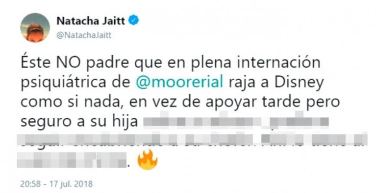 Lapidario tweet de Natacha Jaitt tras el viaje de Rial: "En plena internación de Morena, raja a Disney"
