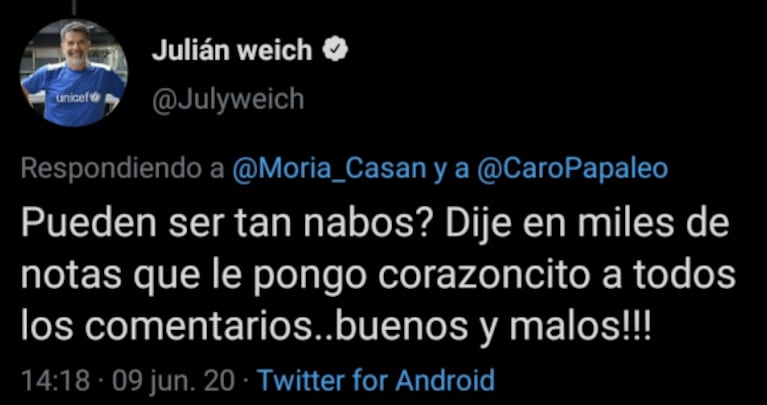 Lapidarios "favs" de Julián Weich contra Carolina Papaleo y su insólita explicación: "¿Pueden ser tan nabos?"