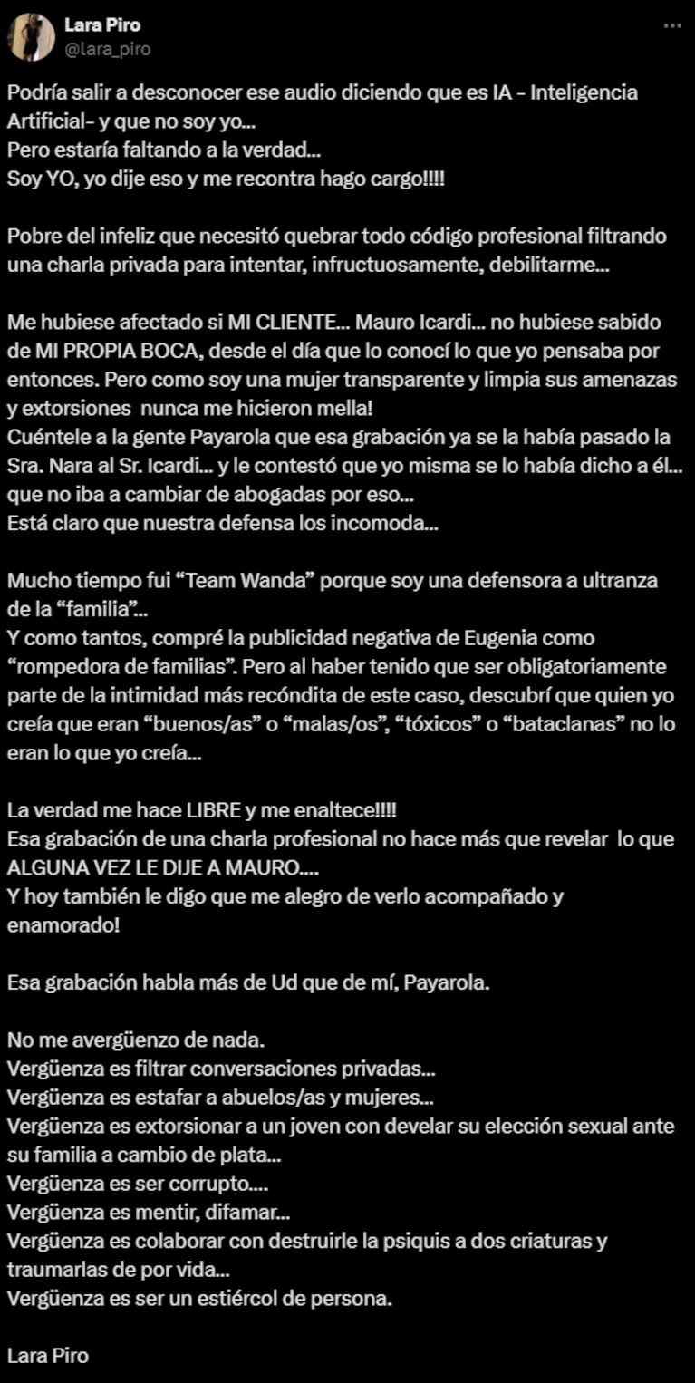Lara insultó a China en un audio e hizo un descargo. Foto: X | lara_piro