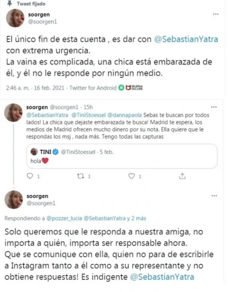 Las amigas de una joven embarazada sostienen que el padre del bebé es Sebastián Yatra: "No responde por ningún medio"