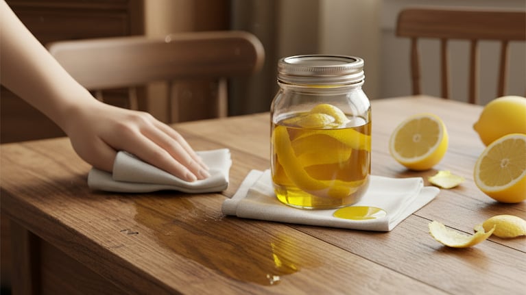 Las cáscaras de limón en aceite, una mezcla útil para limpiar los muebles. Foto: Frepik