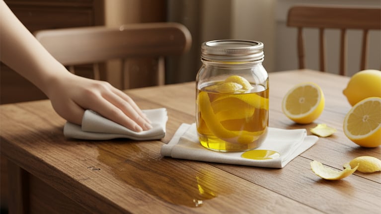Las cáscaras de limón en aceite, una mezcla útil para limpiar los muebles. Foto: Frepik