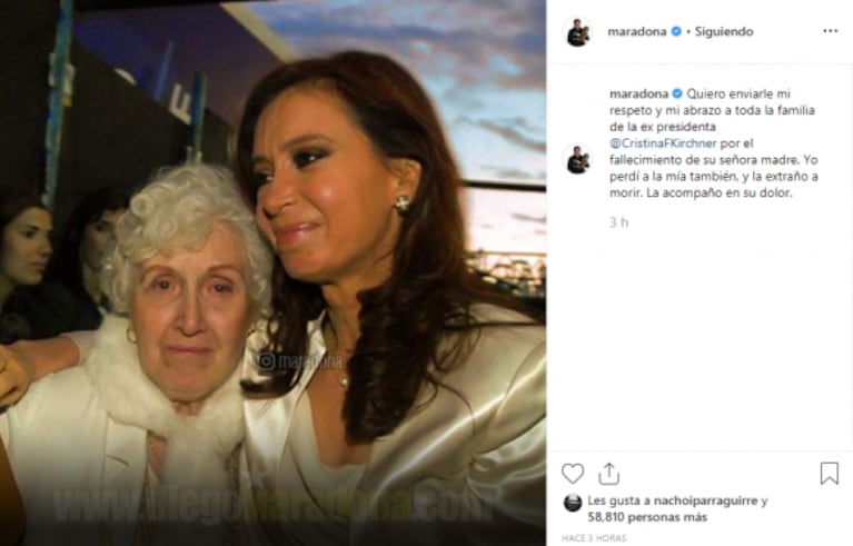 Las condolencias de Maradona a Cristina Fernández de Kirchner por la muerte de la madre de la expresidenta