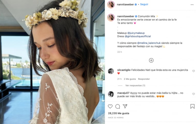 Las fotos de la comunión de la hija de Natalie Weber y Mauro Zárate: "Es emocionante verte crecer en el camino de la fe"