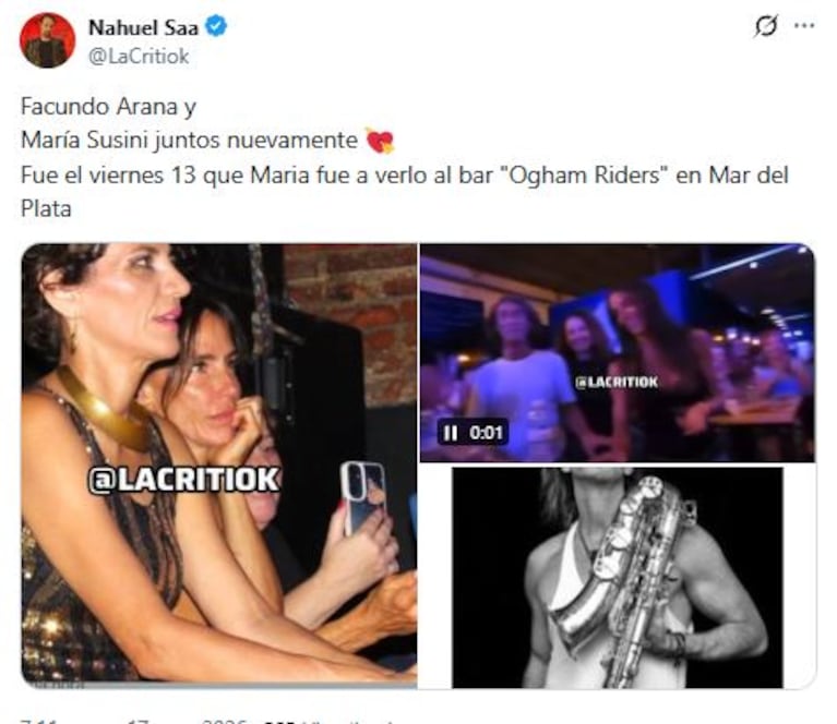 Las fotos de María Susini viendo a Facundo Arana en un show en Mar del Plata (Foto: X/ @lacritiok)