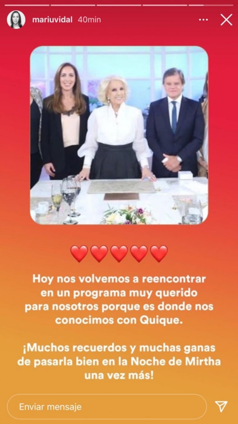 Las fotos de Quique Sacco y María Eugenia Vidal, enamorados tras grabar La Noche de Mirtha: "El programa donde nos conocimos"