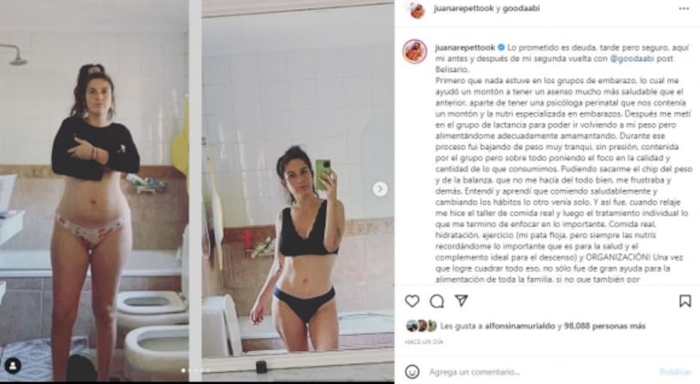 Las fotos del cambio de Juana Repetto tras su segundo embarazo: "Aquí mi antes y después"