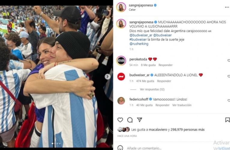 Las imágenes de China Suárez y Rusherking alentando eufóricos y enamorados a Argentina en el Mundial de Qatar 2022