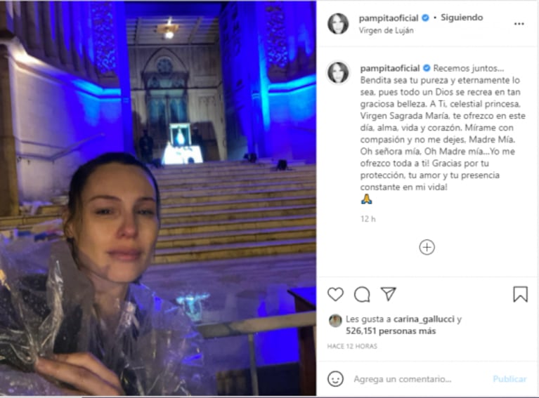 Las lágrimas de Pampita al llegar a la Basílica de Luján y encontrarse con la Virgen: "Lloramos bajo la lluvia con el corazón en la mano"