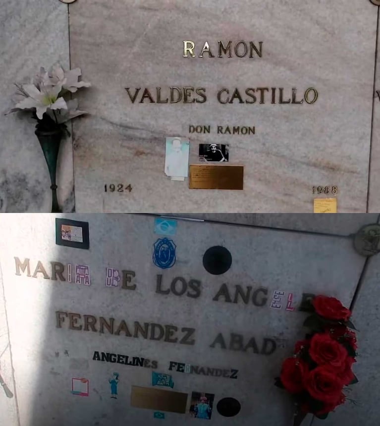 Las lápidas de Don Ramón Valdés y Angelines Fernández (Fotos: YouTube)