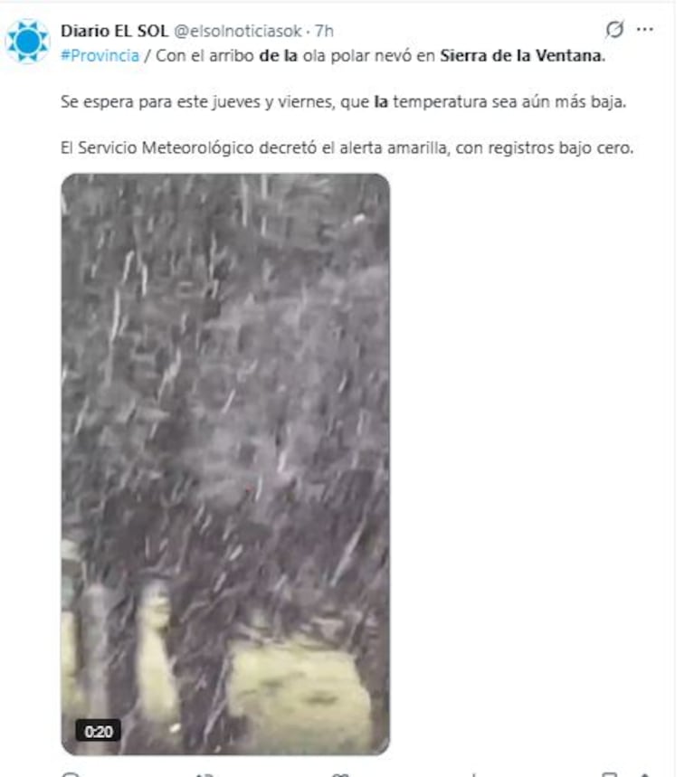 Las nevadas en el sur de la provincia de Buenos Aires (Fotos: X.com @elsolnoticiasok)