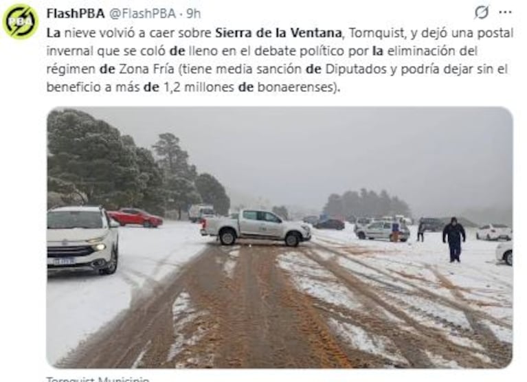 Las nevadas en el sur de la provincia de Buenos Aires (Fotos: X.com @flashPBA)