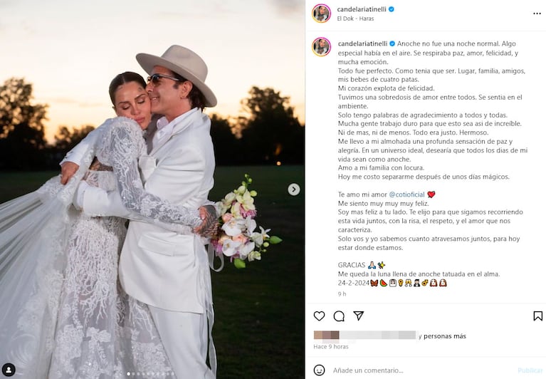 Las profundas palabras de Cande Tinelli sobre su casamiento con Coti Sorokin: “Soy más feliz a tu lado”