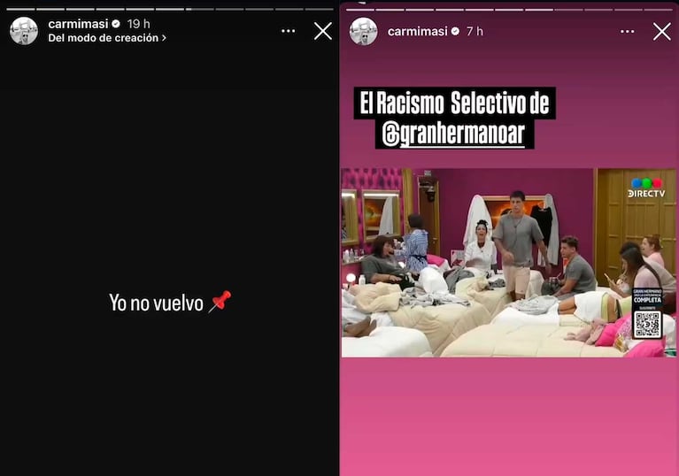 Las stories de Carmiña acusando de “racismo selectivo” a Gran Hermano  (Fotos: Instagram @carmimasi)
