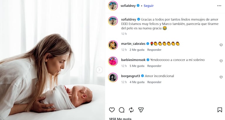 Las tiernas fotos de Sofía Aldrey con su hijo recién nacido (Foto de Instagram)