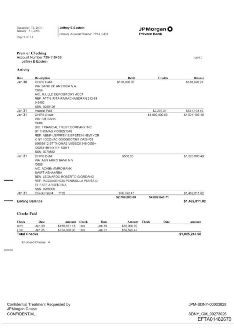 Las transferencias de Jeffrey Epstein a Roberto Giordano (Foto: Departamento de Justicia de los Estados Unidos)