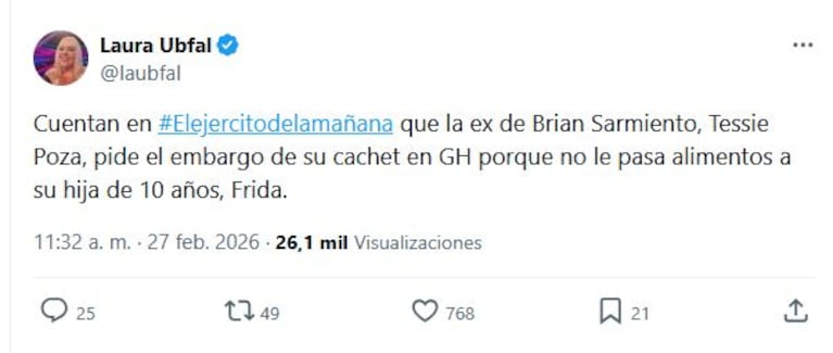 Laura Ubfal adelantó que Brian Sarmiento podría ser embargado.