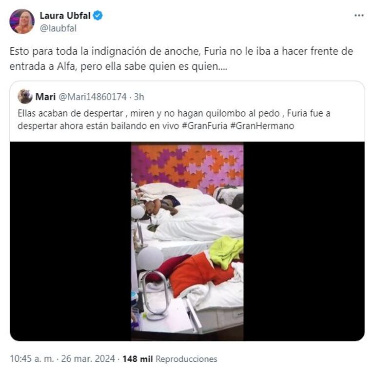 Laura Ubfal publicó un tweet sobre Furia,  Catalina y Afla de Gran Hermano.