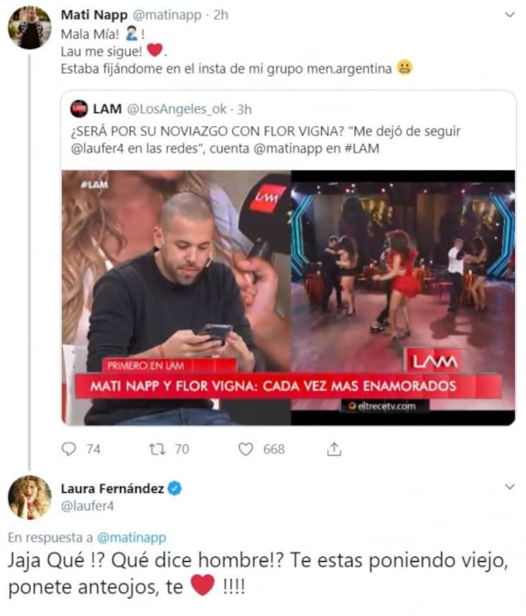 Laurita Fernández a Mati Napp, luego de que él dijera que no lo sigue más en Instagram: "Ponete anteojos"