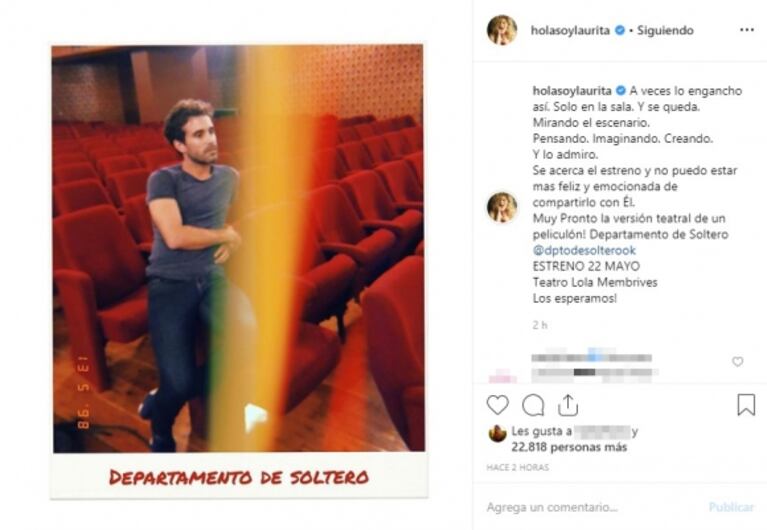 Laurita Fernández capturó a Cabré infraganti en el teatro y le dedicó un dulce piropo: "A veces lo engancho así, y lo admiro"