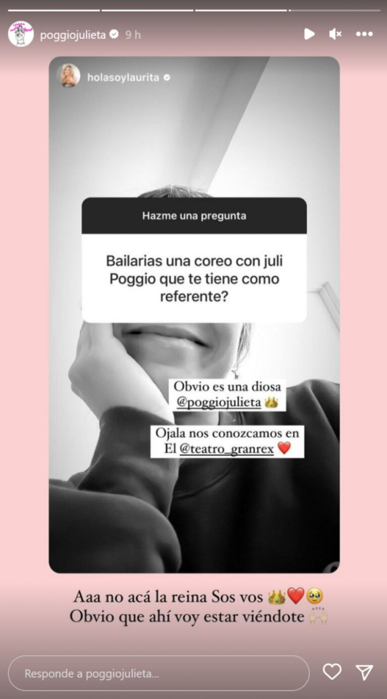 Laurita Fernández elogió a Julieta Poggio y la ex Gran Hermano le contestó con ternura
