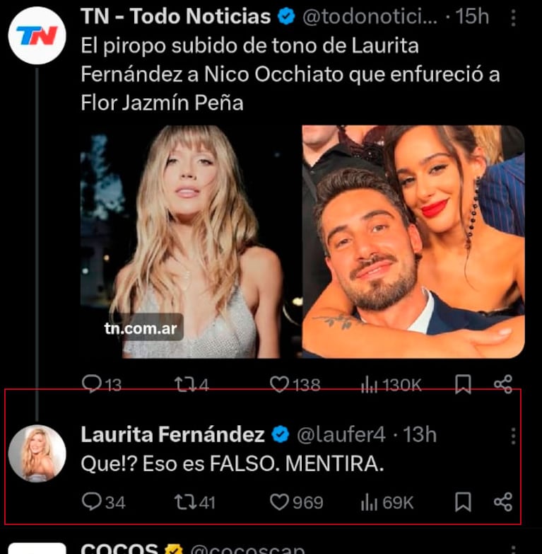 Laurita Fernández explotó tras la versión de que coqueteó a Nico Occhiato (Foto: X)