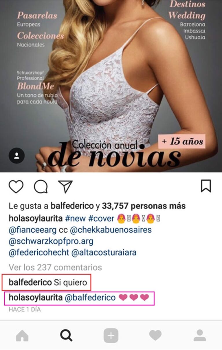 Laurita Fernández posó con un vestido de novia y Fede Bal le dejó un elocuente comentario: "Sí, quiero"