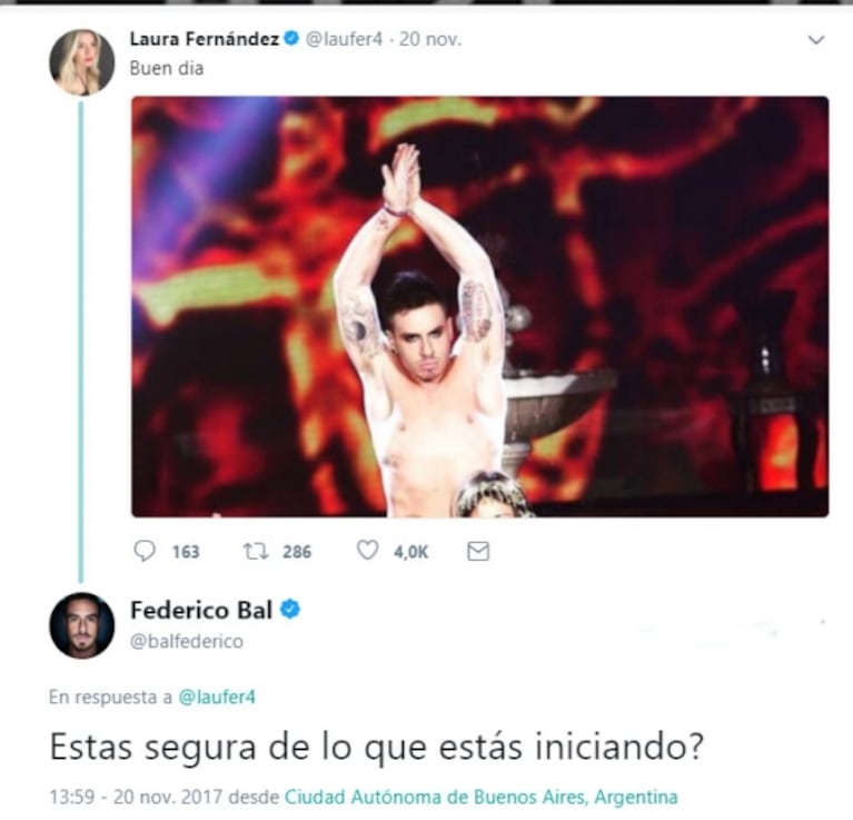 Laurita Fernández provocó a Fede subiendo una imagen graciosa de él a Twitter... ¡y Bal le retrucó! 