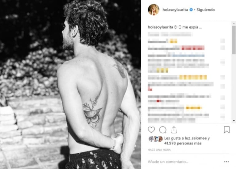 Laurita Fernández publicó una foto de Nicolás Cabré con un divertido guiño a su tatuaje: "El búho me espía"